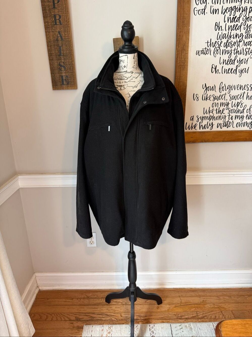 London Fog Men’s Big & Tall Classic Stand Collar Snap Wool Blend Coat Jacket Bla